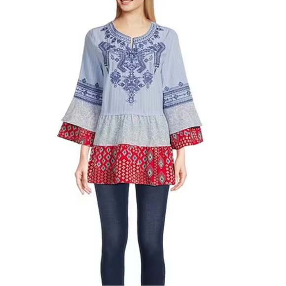 Calessa Patchwork Embroidered Split Round Neck 3/4 Tiered Ruffle Sleeve Tunic - Picture 4 of 11